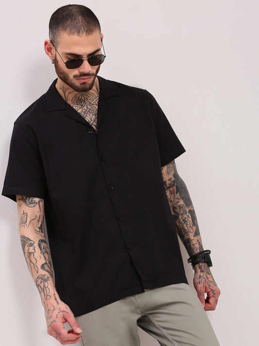 Men Black Solid Cuban Collar Shirt