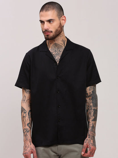 Men Black Solid Cuban Collar Shirt