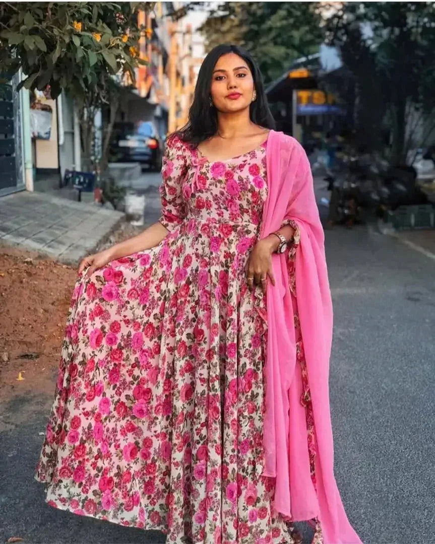 PINK COLOURED GEORGETTE GOWN WITH DUPATTA simsim