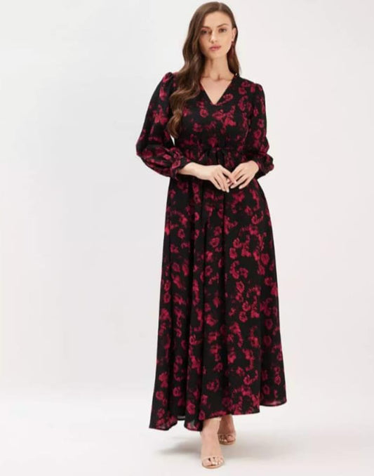 Black Red Printed Georgette Flared Dress