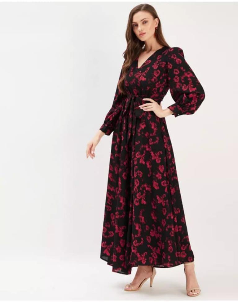 Black Red Printed Georgette Flared Dress