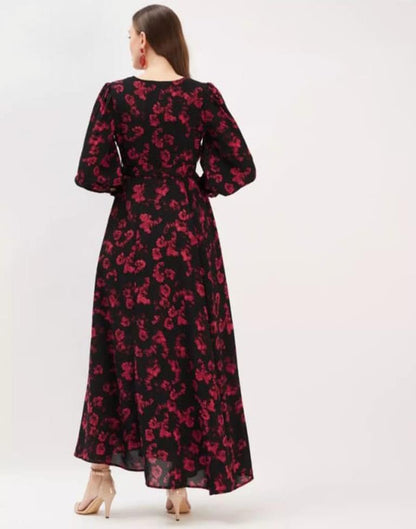 Black Red Printed Georgette Flared Dress