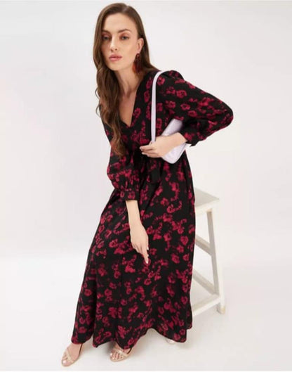 Black Red Printed Georgette Flared Dress