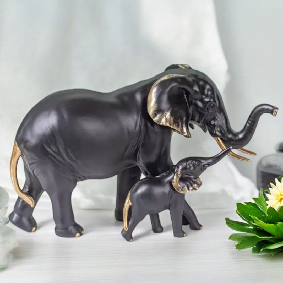 Resin White Black Golden Walking Animal Small Elephant Family Mom and Baby Sculpture for Home Decor (Black) 