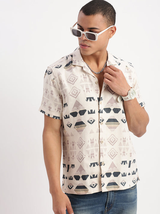 Men Cuban Collar Geometric Cream Shirt