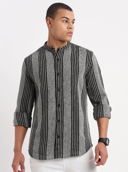 Men Mandarin Collar Vertical Stripes Grey Shirt