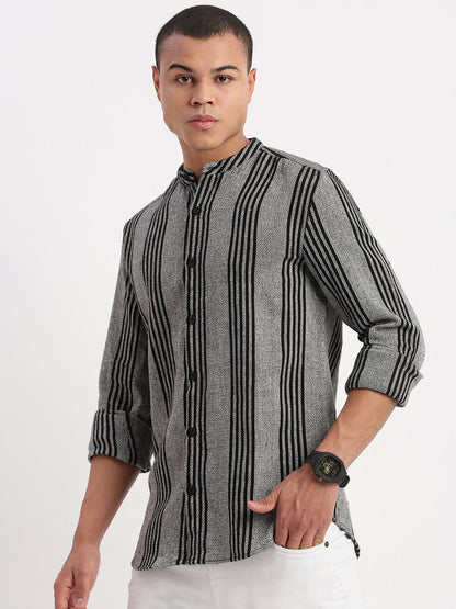 Men Mandarin Collar Vertical Stripes Grey Shirt