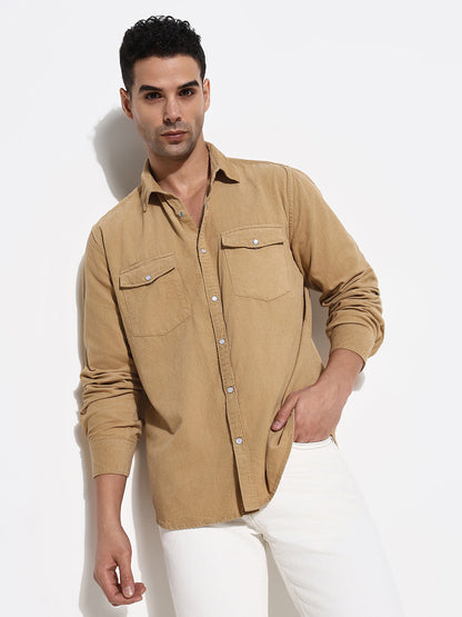 Men Khaki Solid Slim Fit Shirt