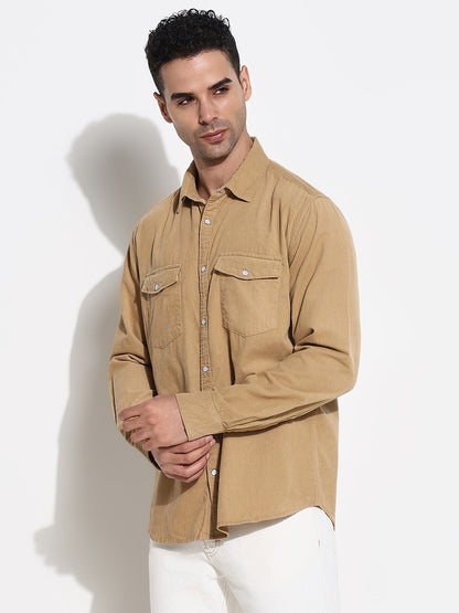 Men Khaki Solid Slim Fit Shirt