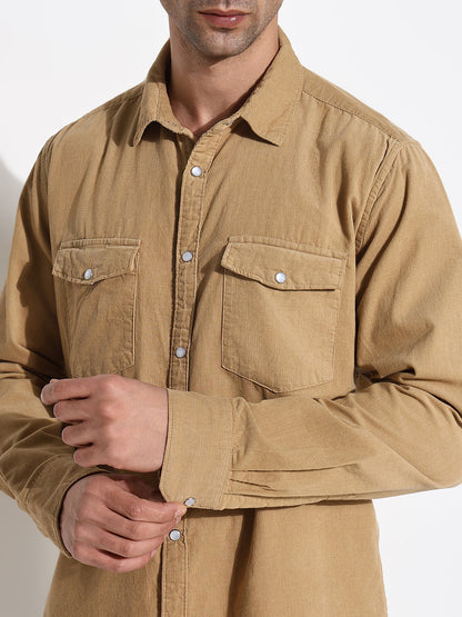 Men Khaki Solid Slim Fit Shirt