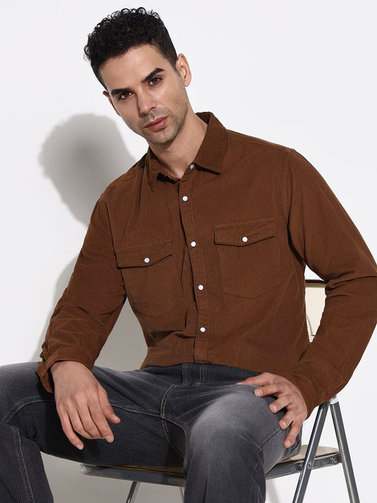 Men Brown Solid Slim Fit Shirt