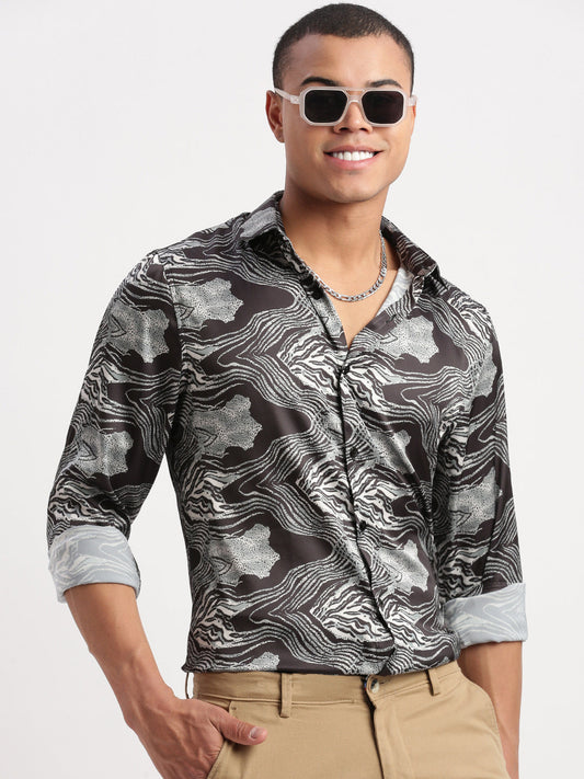 Men Graphic Black Party Shirt