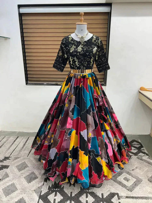 Stylish Georgette Graphic Print Black Ready to Wear Lehenga Choli For Women simsim