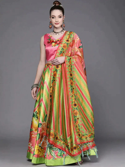 Stylish Green Poly Silk Printed Lehenga Choli with Dupatta Set For Women simsim