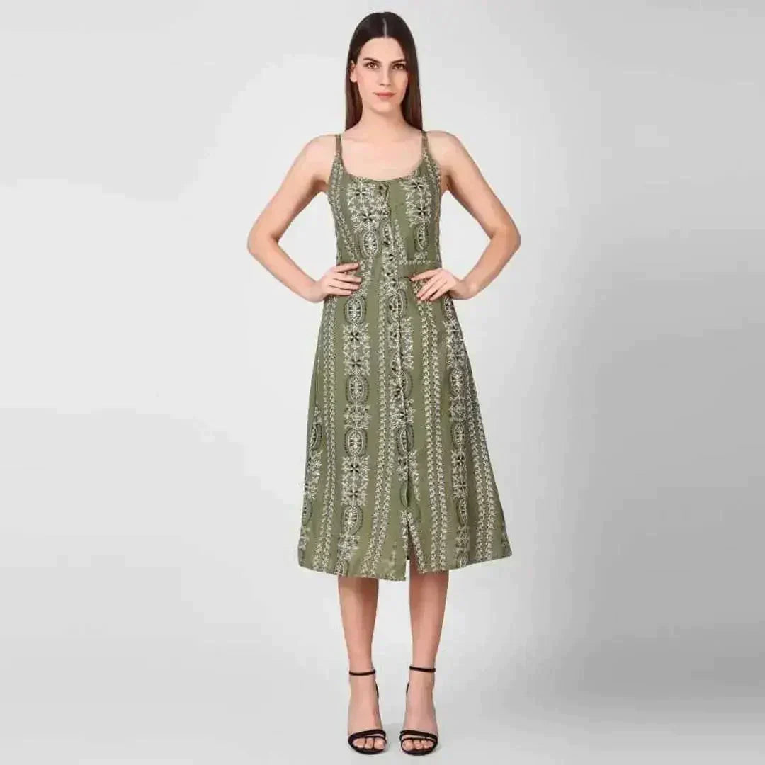 Stylish Green Printed Rayon Shoulder Strap Dresses For Women simsim