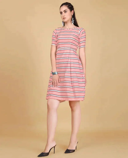 Stylish Pink Crepe Printed Fit And Flare Dress For Women simsim