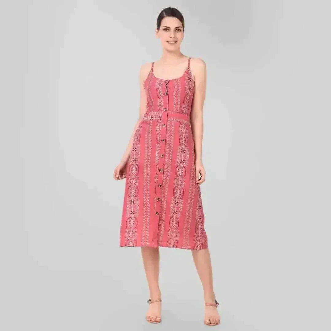 Stylish Pink Printed Rayon Shoulder Strap Dresses For Women simsim