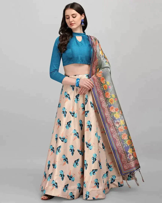 Stylish White Poly Silk Printed Lehenga Choli with Dupatta Set For Women simsim