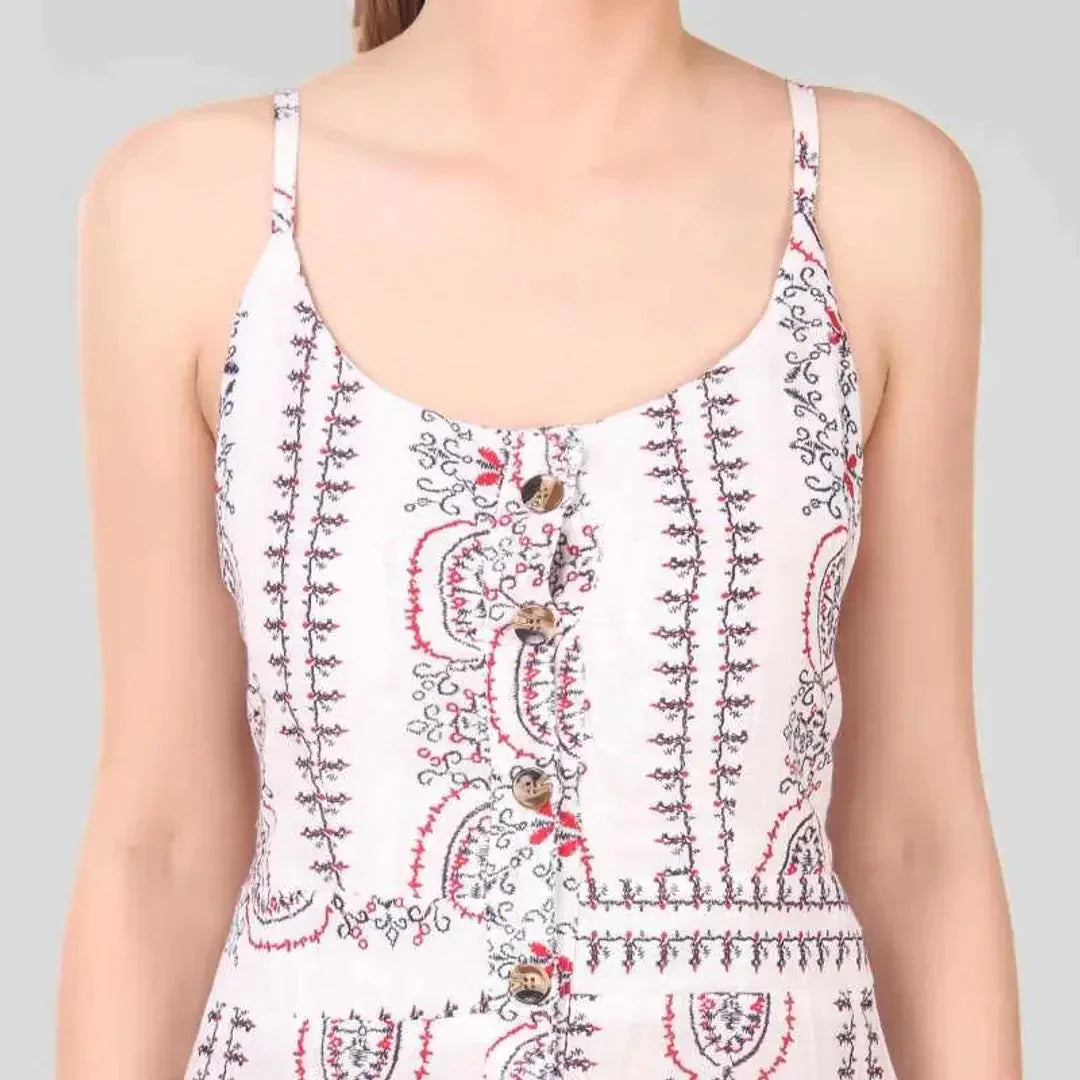 Stylish White Printed Rayon Shoulder Strap Dresses For Women simsim