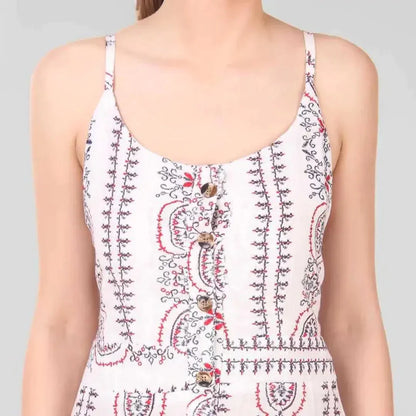 Stylish White Printed Rayon Shoulder Strap Dresses For Women simsim