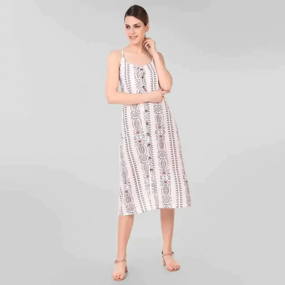 Stylish White Printed Rayon Shoulder Strap Dresses For Women simsim