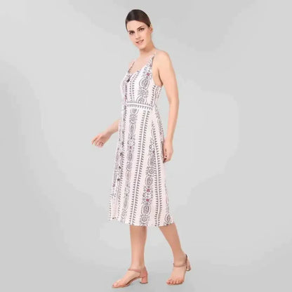 Stylish White Printed Rayon Shoulder Strap Dresses For Women simsim