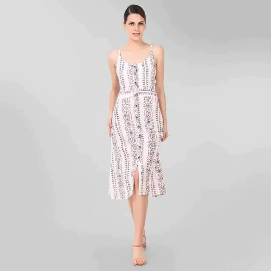 Stylish White Printed Rayon Shoulder Strap Dresses For Women simsim