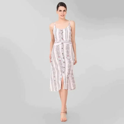 Stylish White Printed Rayon Shoulder Strap Dresses For Women simsim