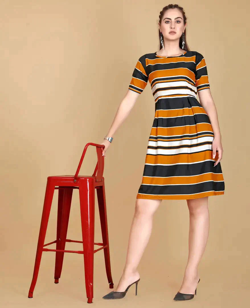 Stylish Yellow Crepe Printed Fit And Flare Dress For Women simsim