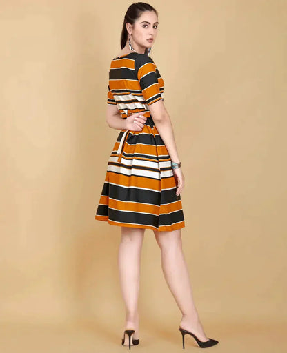 Stylish Yellow Crepe Printed Fit And Flare Dress For Women simsim