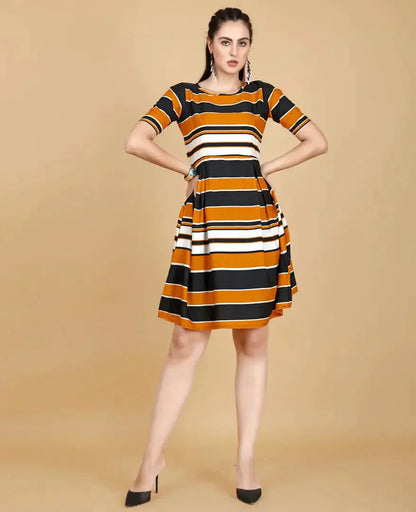 Stylish Yellow Crepe Printed Fit And Flare Dress For Women simsim