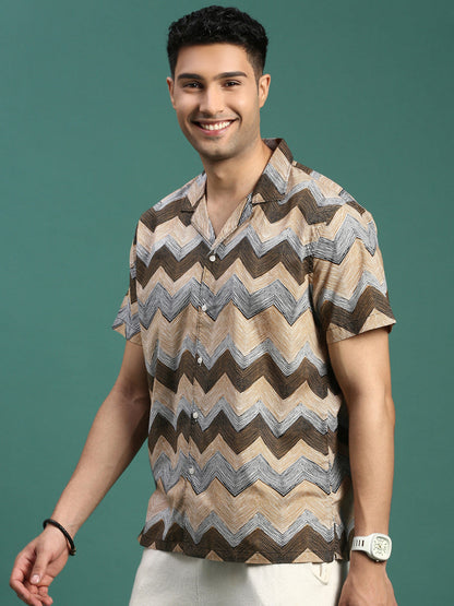 Men Cuban Collar Geometric Multi Relaxed Fit Shirt