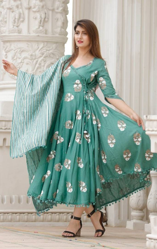 Trendy Rayon Anarkali Printed Long Gown With Dupatta simsim