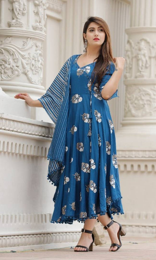 Trendy Rayon Anarkali Printed Long Gown With Dupatta simsim