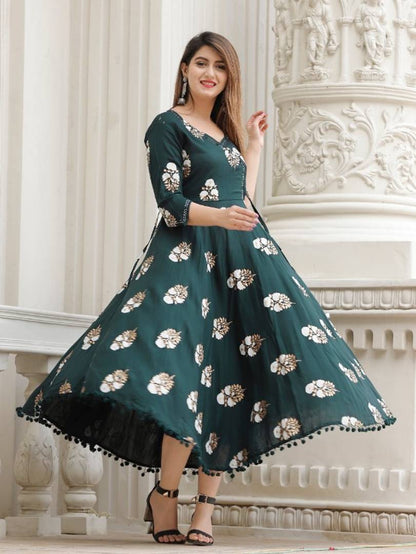 Trendy Rayon Anarkali Printed Long Gown With Dupatta simsim