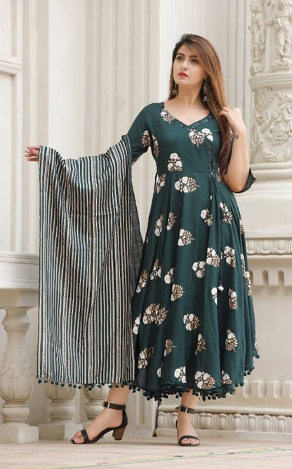 Trendy Rayon Anarkali Printed Long Gown With Dupatta simsim