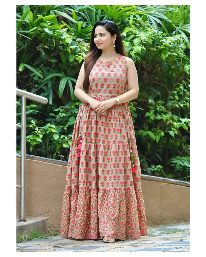 Trendy long printed Anarkali chiku sleeve less Gown simsim