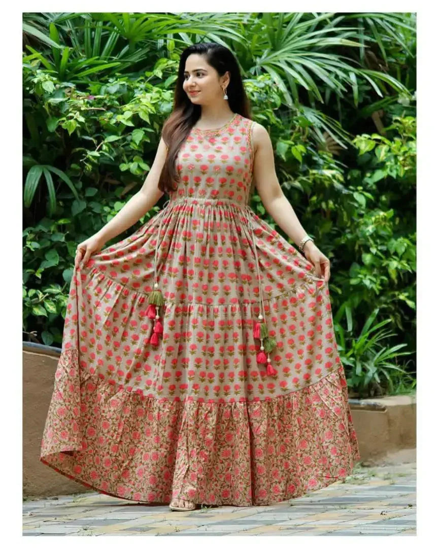 Trendy long printed Anarkali chiku sleeve less Gown simsim