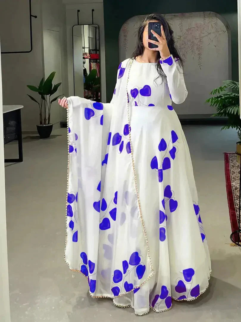 WHITE COLOURED BLUE HEART  GEORGETTE WITH DUPATTA simsim