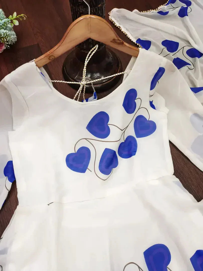 WHITE COLOURED BLUE HEART  GEORGETTE WITH DUPATTA simsim