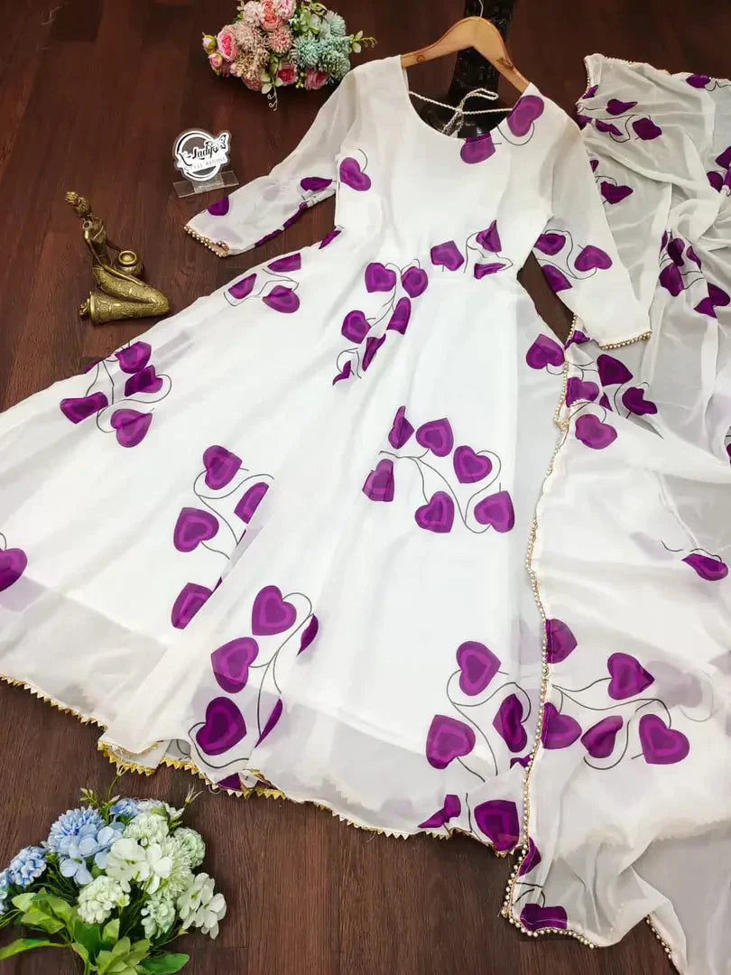 WHITE COLOURED WINE HEART GEORGETTE WITH DUPATTA simsim