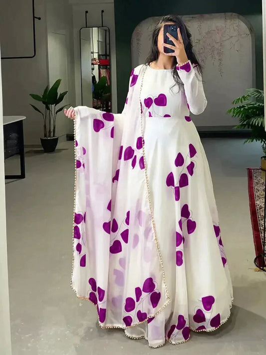 WHITE COLOURED WINE HEART GEORGETTE WITH DUPATTA simsim