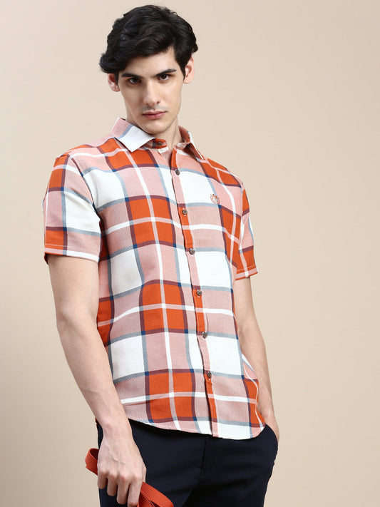 Men Orange Checked Casual Shirt