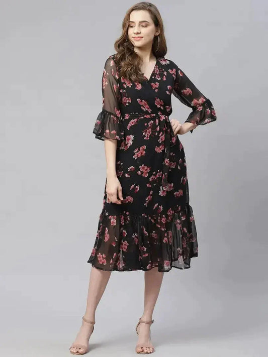 Women Fit and Flare Floral Printed Georgette Dress simsim