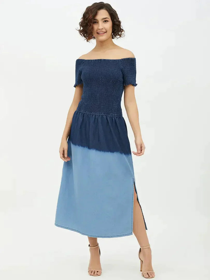 Women Stylish Denim Fit and Flare Dress simsim