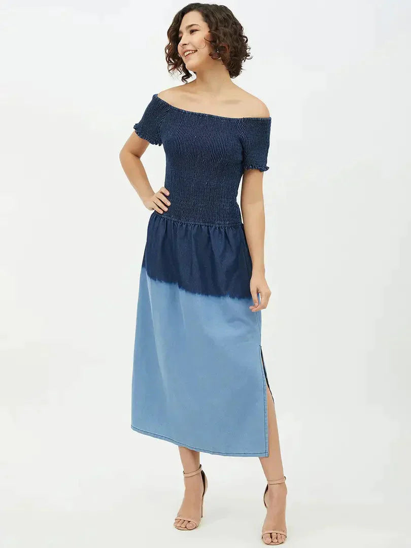 Women Stylish Denim Fit and Flare Dress simsim