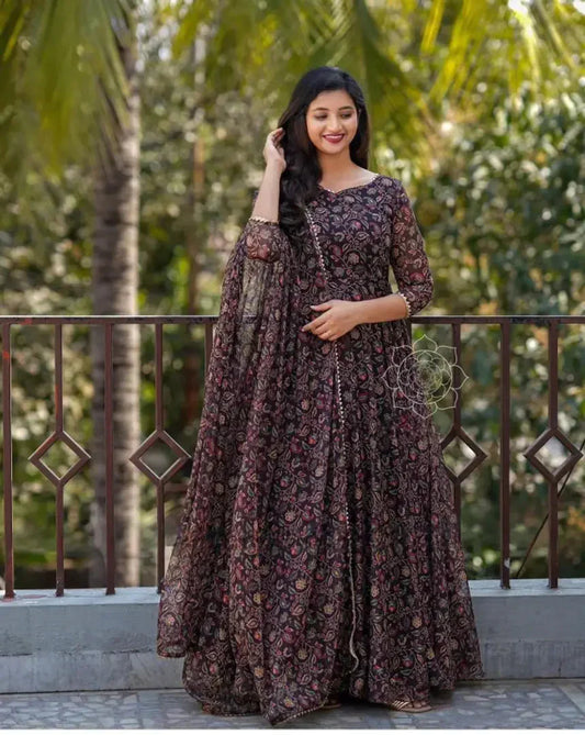 Womens  Girls Brown Colour Georgette  Gown  With Dupatta simsim