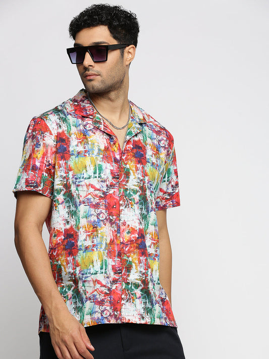 Men Coral Cuban Collar Abstract Shirt