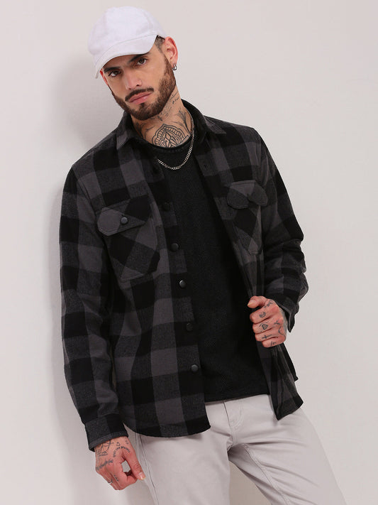 Men Grey Checked Shacket