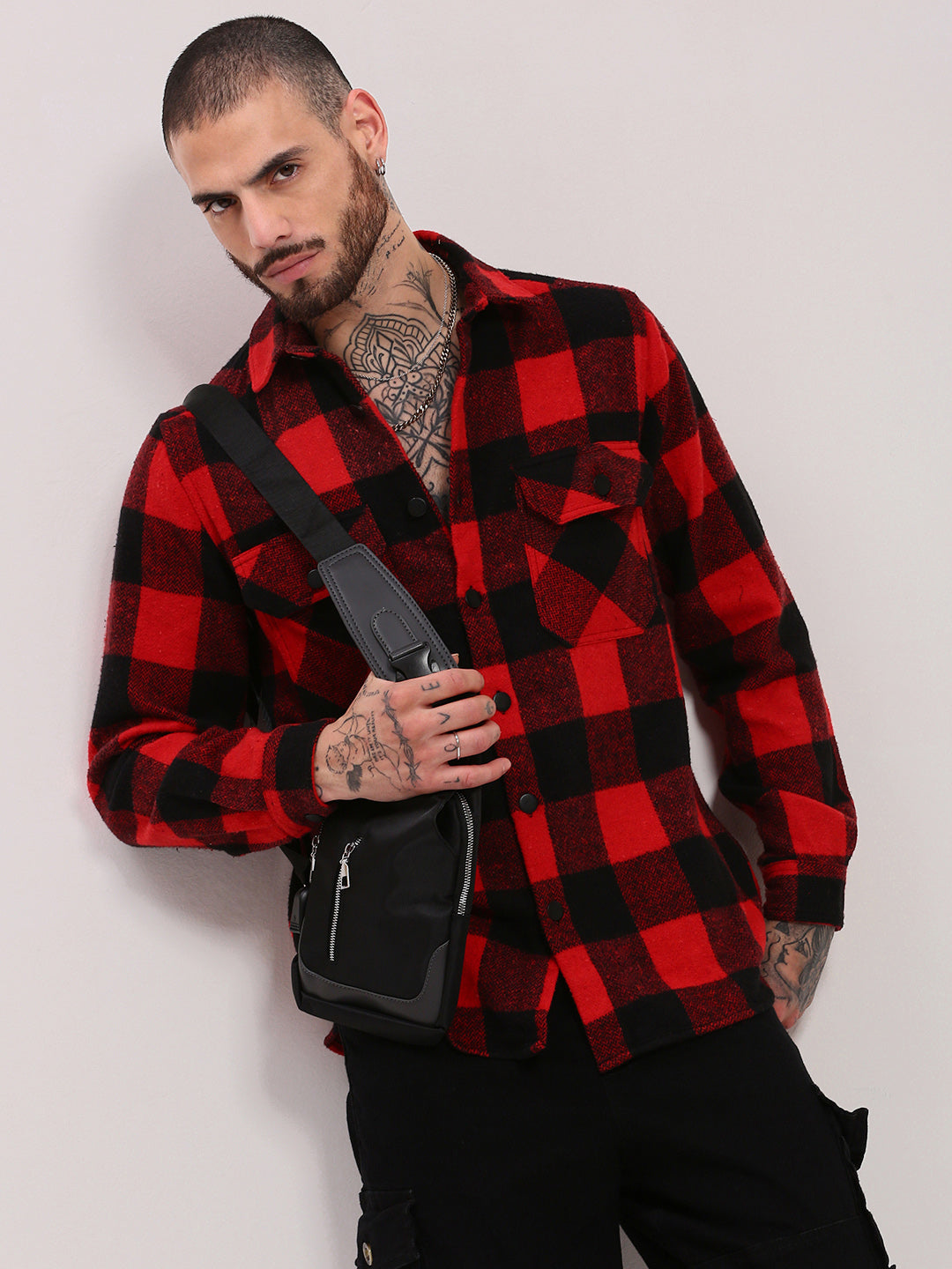 Men Red Checked Shacket